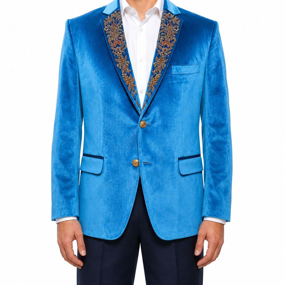 Mens 42R Turquoise Blue Velvet Blazer Hand Embroidered Lapel Tuxedo Suit Jacket